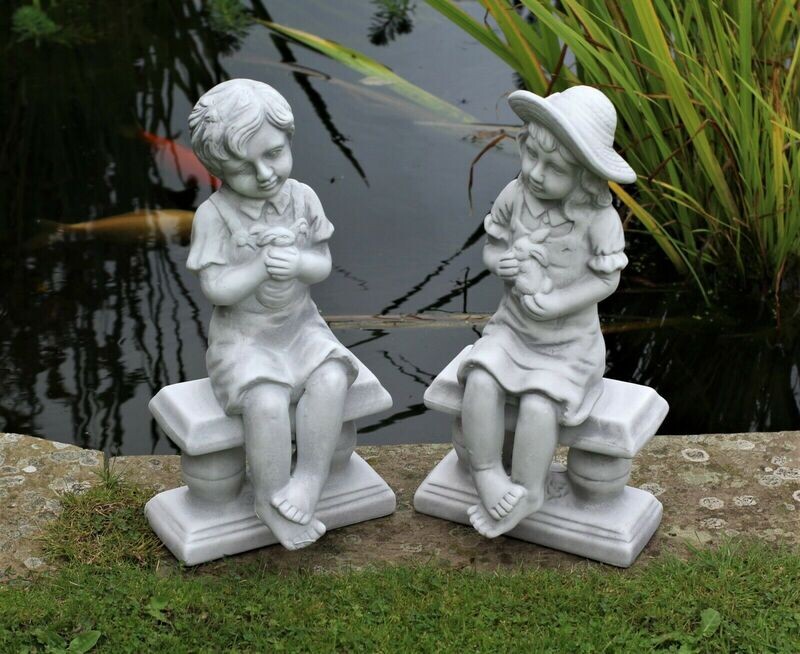 Garden Ornament Boy &amp; Girl Cherub Statue Decor Ceramic Decoration Large Grey