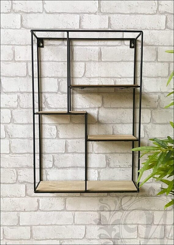 Vintage Wall Unit Retro Wood Industrial Style Metal Shelf Rack Storage Display