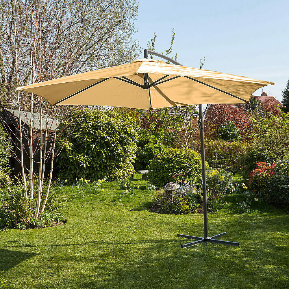 Garden Banana Parasol 3 Meter Beige Patio Shade Heavy Duty Metal Base with Crank