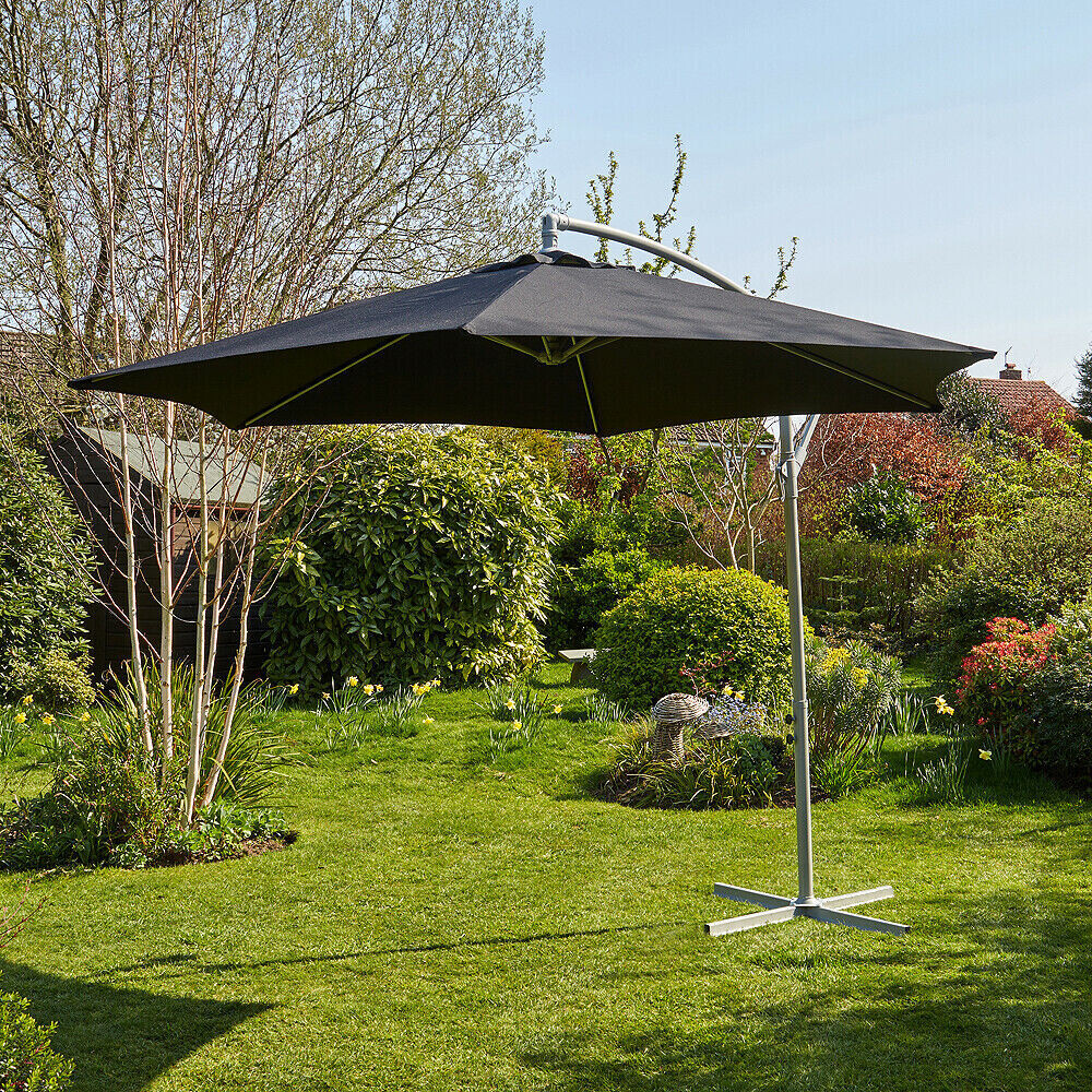 Garden Banana Parasol 3 Meter Black Patio Shade Heavy Duty Metal Base with Crank