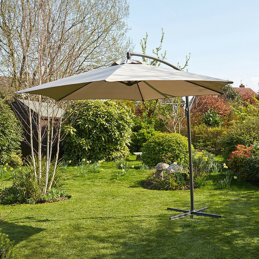 Garden Banana Parasol 3 Meter Grey Patio Shade Heavy Duty Metal Base with Crank