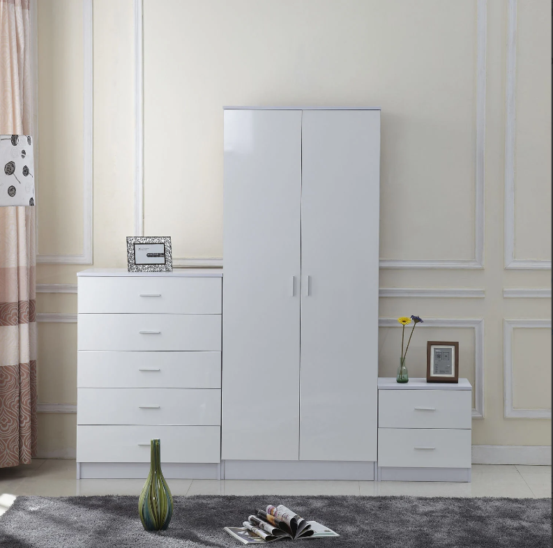 3 Pieces High Gloss Wardrobe Set - White
