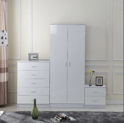 3 Pieces High Gloss Wardrobe Set - White