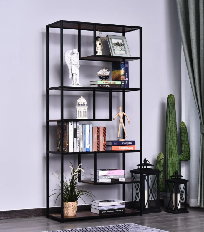 Steel Frame 6 Tier Staggered Display Shelf Bookshelf Storage Wood Home Bookcase Black/Brown