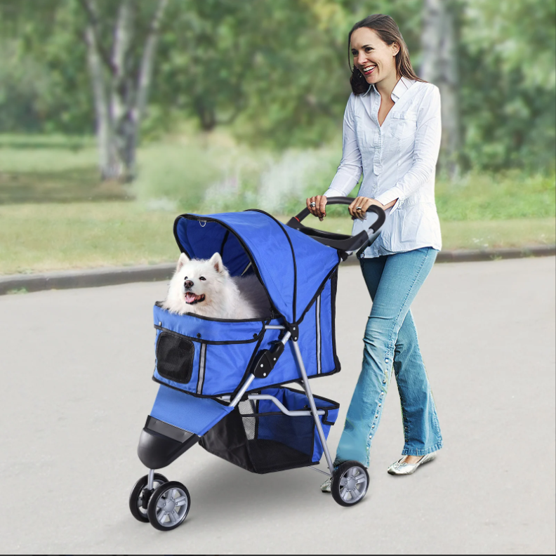 Pet Travel Stroller Cat Dog Pushchair Puppy Jogger Carrier Three Wheels Blue/Grey/Coffee