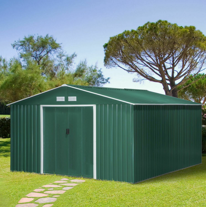 Storage Garden Equipment 2 Door Shed Galvanised Metal Grey Green Outdoor
