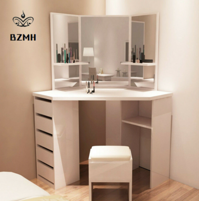 White Corner Dressing Table Set Makeup Desk Multi-angle Mirror 5 Drawer PU Stool