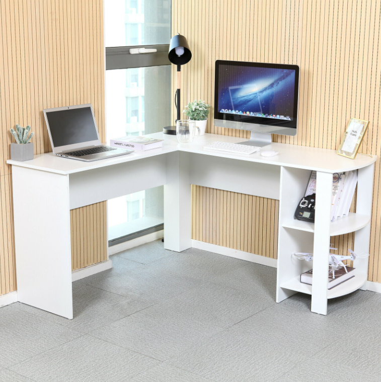 ​White L-shaped Computer Desk Corner PC Table Workstation Home Office w/ Shelves