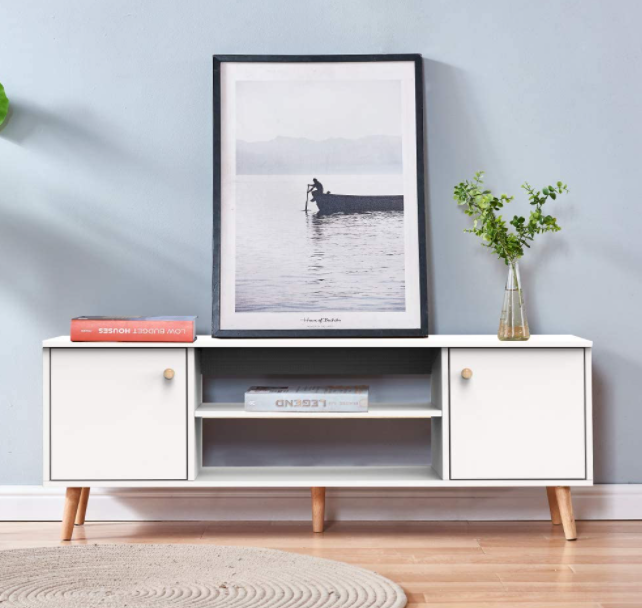 Modern TV Stand, 47 inch Display and Storage TV Cabinet with 2 Open Shelves and 2 Doors