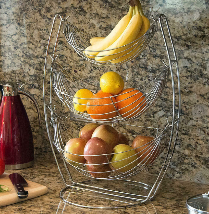 Chrome Fruit Basket Vegetable Swinging Bowl 3 Tier Rack Storage Stand Holder