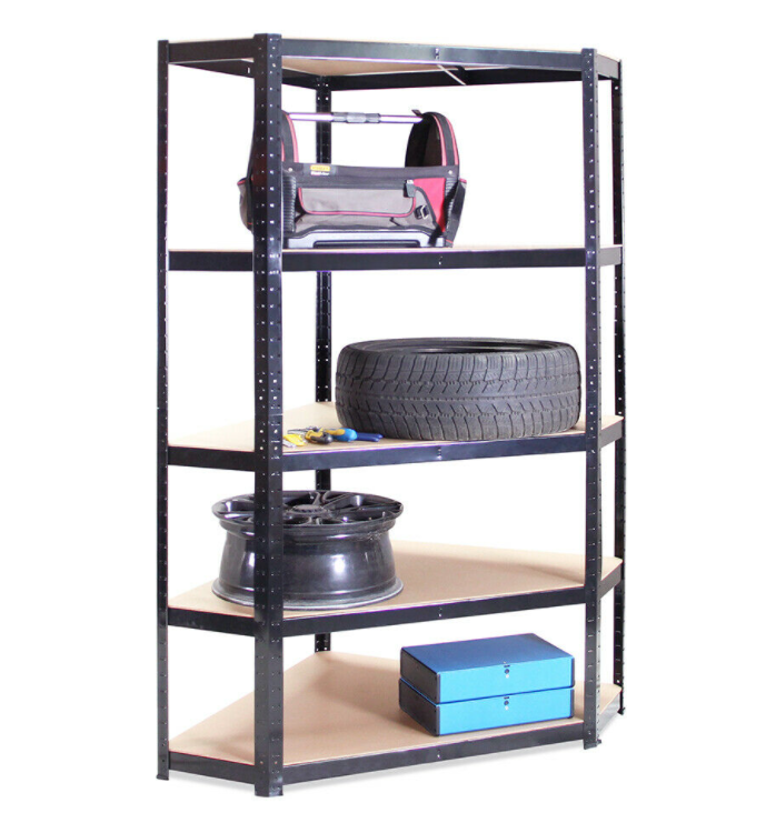 ​Black Blue Metal 5 Tier Corner Garage Shelving Racking Storage 180x90x90x40x71 cm