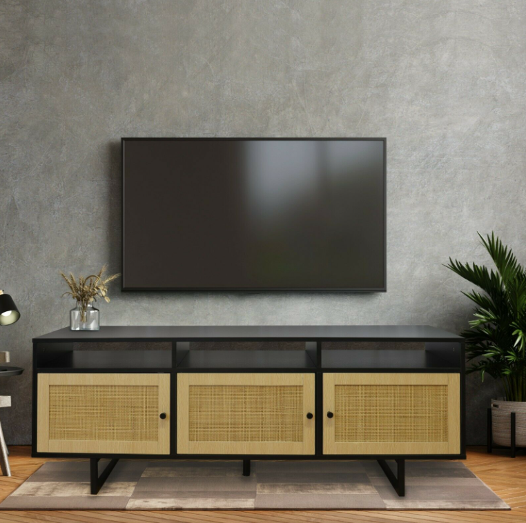 ​Modern Rattan Black Television TV Cabinet Entertainment Unit Living Room Lounge, Colour: Rattan Black
