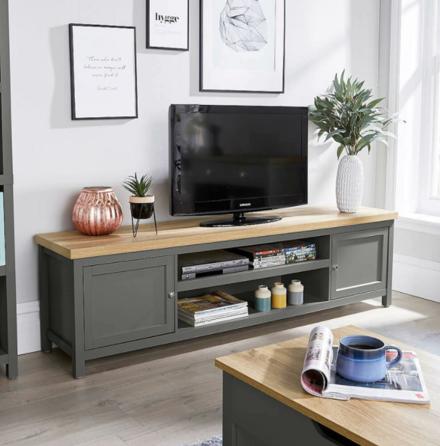 ​Extra Large 180cm/130cm Dark Grey Oak TV Stand 1 Drawer Television Cabinet Cable Tidy &amp; Bookcase &amp; Coffee Table