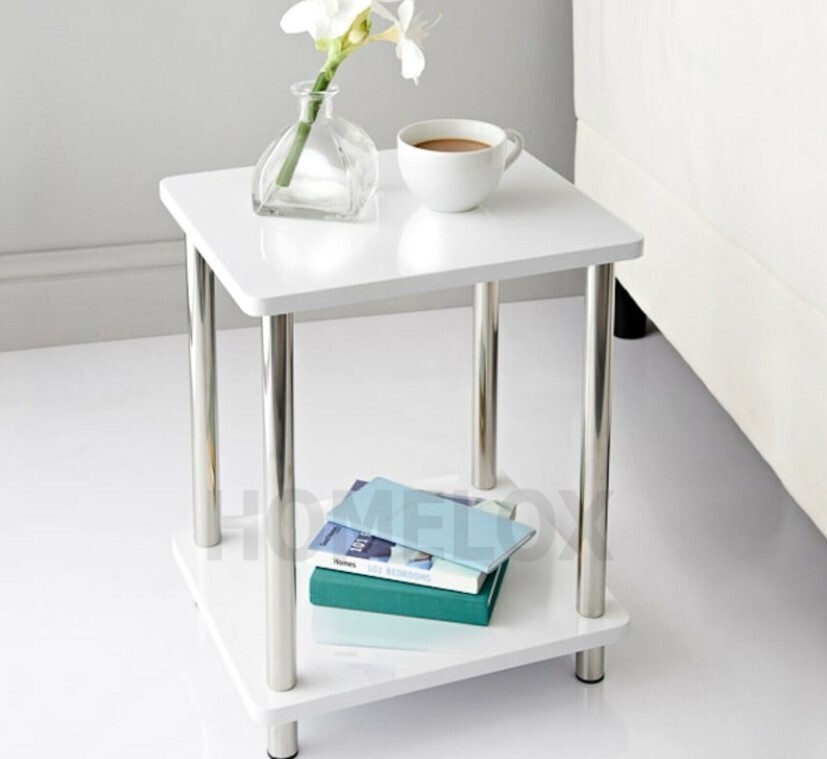 ​Small 2 Tier White Gloss Finish Side Table with Shelf Bedroom Coffee End Table