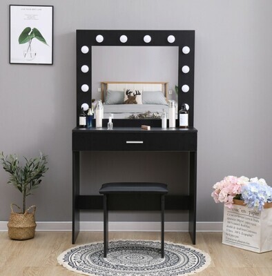 Modern Dressing Table Makeup Desk w/LED Lighted Mirror&amp;Drawer Stool