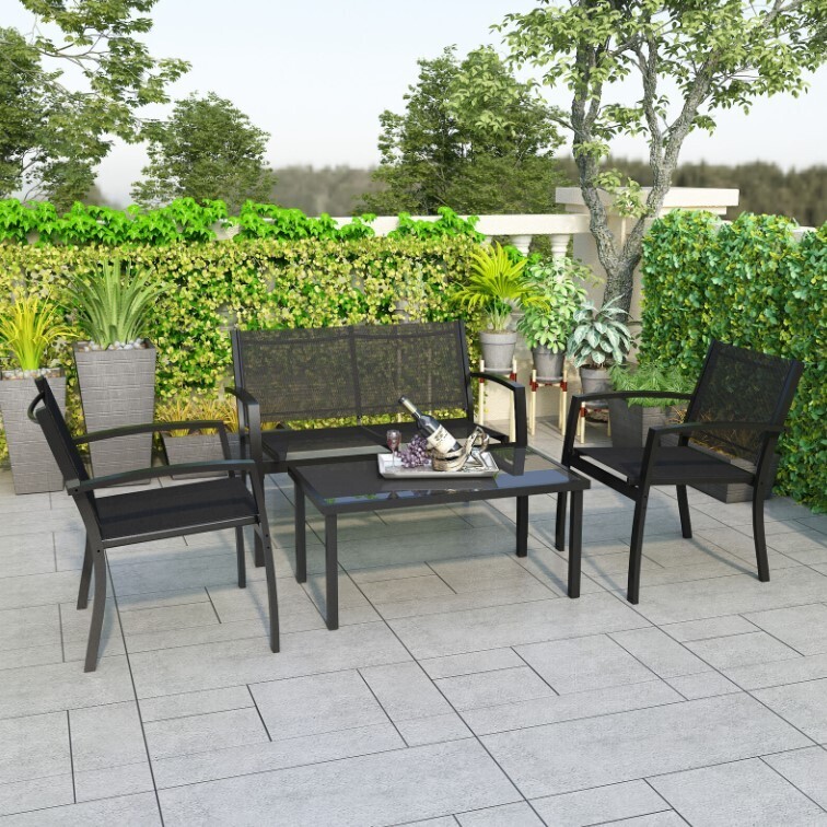 ​Garden Furniture Set 4 Seater Sofa Chairs Rectangular Table Patio Outdoor Black