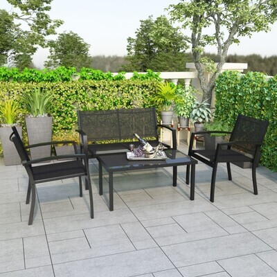 ​Garden Furniture Set 4 Seater Sofa Chairs Rectangular Table Patio Outdoor Black