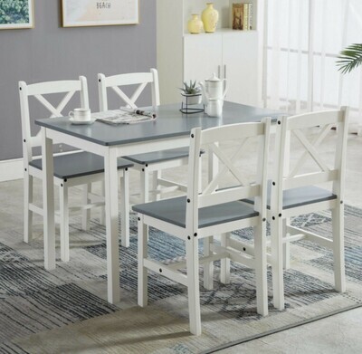 ​Classic Solid Wooden Dining Table and 4 Chairs Set Kitchen Home Grey White Natural Brown