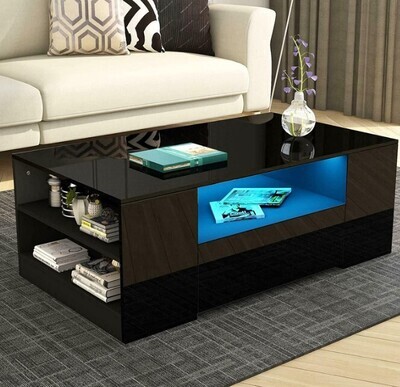 Led Coffee Table for Living Room, Modern High Gloss Coffee Table With 2 Storage Drawer 4 Shelf 1 Open Case