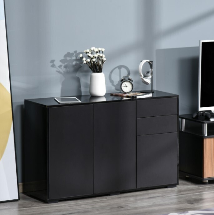 ​Push-Open Side Cabinet with 2 Drawer 2 Door Cabinet for Home Office, Colour: Highlight Black, Matte Black