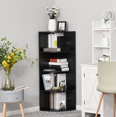 ​4 Tier Wood Corner Shelf Unit Freestanding Fan Bookshelf Plants Stand Black White