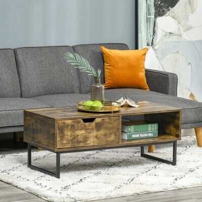 ​Industrial Coffee Table with Shortage Shelf &amp; Drawer End Table Metal Frame Brown