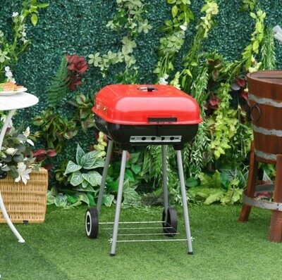 Red Charcoal Trolley BBQ Garden Barbecue Cooker Grill Wheel