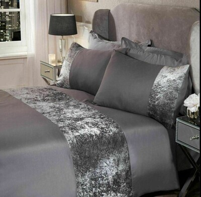 Sienna Crushed Velvet Panel Duvet Cover with Pillow Case Bedding Set Silver Grey