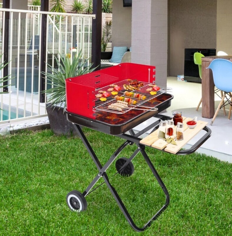 ​Foldable Charcoal Trolley BBQ Barbecue Grill W/ Wheels Red &amp; Black