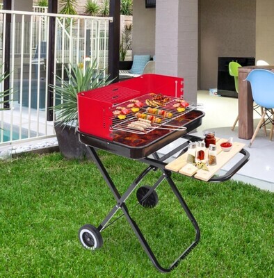 ​Foldable Charcoal Trolley BBQ Barbecue Grill W/ Wheels Red &amp; Black