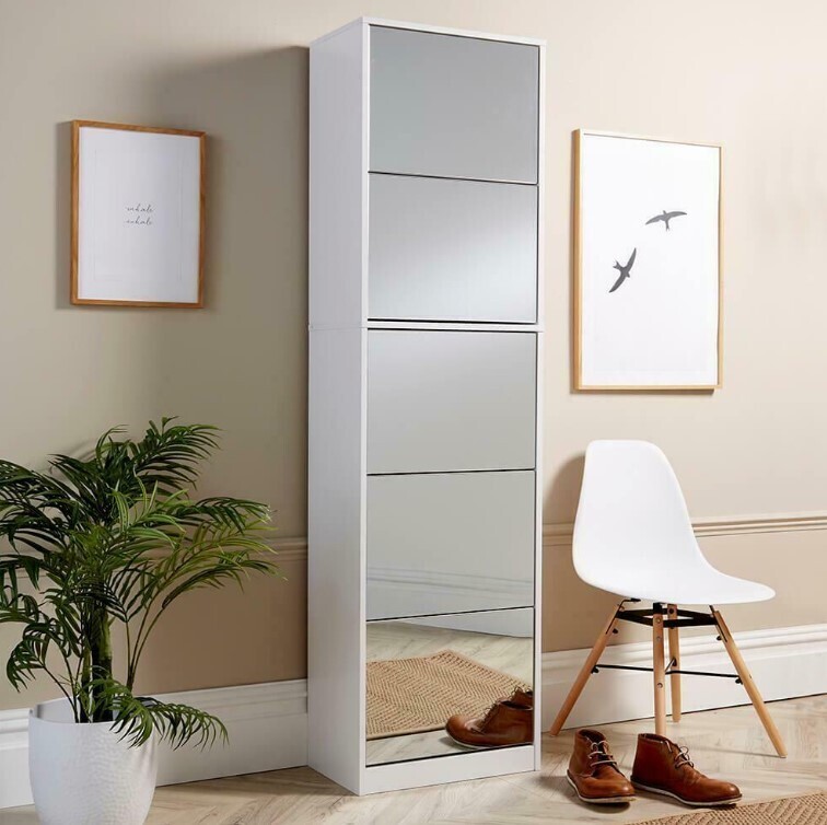​6ft White Shoe Cabinet Mirrored Storage Cupboard Footwear Stand Rack Organiser