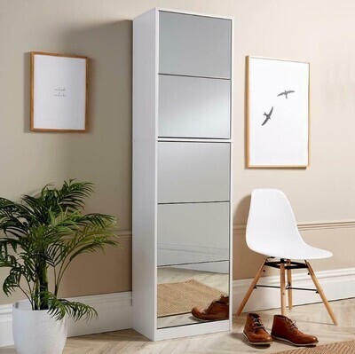 ​6ft White Shoe Cabinet Mirrored Storage Cupboard Footwear Stand Rack Organiser
