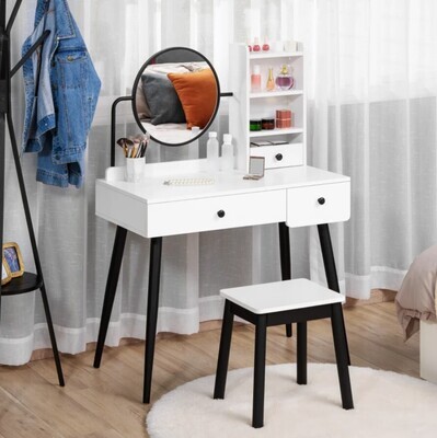 ​Dressing Table Set with 3 Drawers, Storage shelves and Stool White and Grey