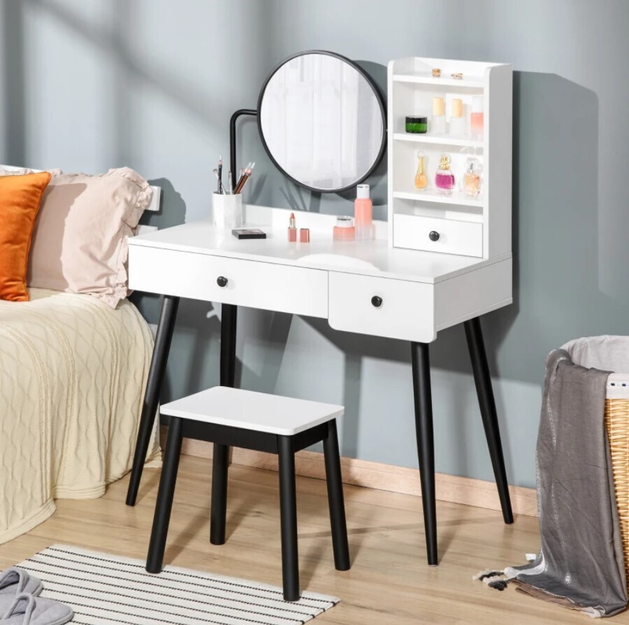​Dressing Table Set with 3 Drawers, Storage shelves and Stool White and Grey, Colour: White