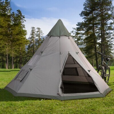 ​6 Man Tipi Tent Metal Poles Water-Resistant Walls Mesh Windows Zipped Door Green