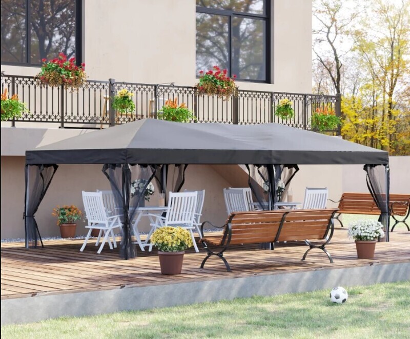 ​3x6m Garden Metal Gazebo Water Resistant Pop-Up Party Tent Canopy Marquee with Mesh Sidewalls Beige Grey