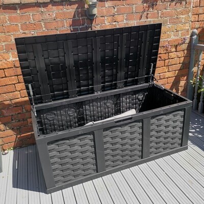 HUGE XXL 634 Litre Rattan Style Garden Cushion Storage Box - Sit on Lid – Black