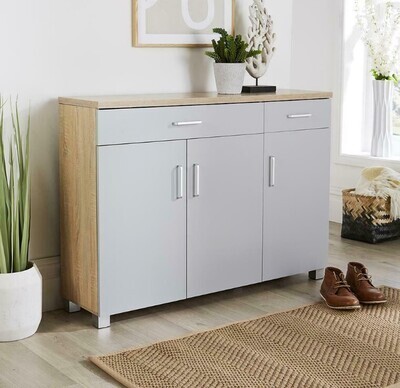 ​Large Grey Oak Wide Shoe Cabinet Storage 3 Door 2 Drawer Cupboard Shoe Tidy Unit