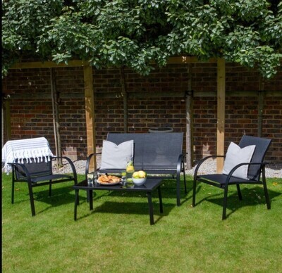 4 Seater Metal Garden Sofa Set Glass Top Outdoor Patio Coffee Table Chairs Black
