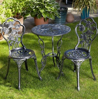 ​Grey Bistro Set Outdoor Patio Garden Furniture Table and 2 Chairs Metal Frame