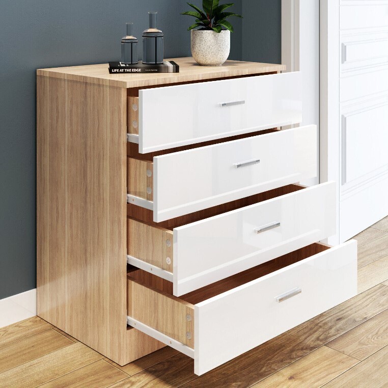 Chest Of 4 Drawers Bedroom Storage Cabinet Home Furniture White&amp;Oak High Gloss