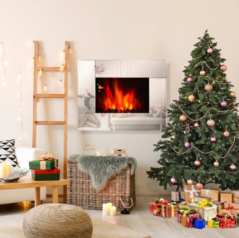 ​Wall Mount Electric Fireplace Heater Flame Effect Tempered Glass Silver
