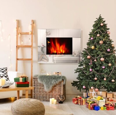 ​Wall Mount Electric Fireplace Heater Flame Effect Tempered Glass Silver