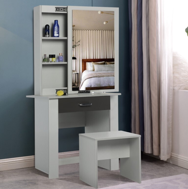 ​Dressing Table Grey With Drawers Mirror &amp; Stool Set Bedroom Makeup Desk Vanity Table