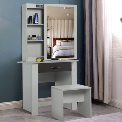 ​Dressing Table Grey With Drawers Mirror &amp; Stool Set Bedroom Makeup Desk Vanity Table