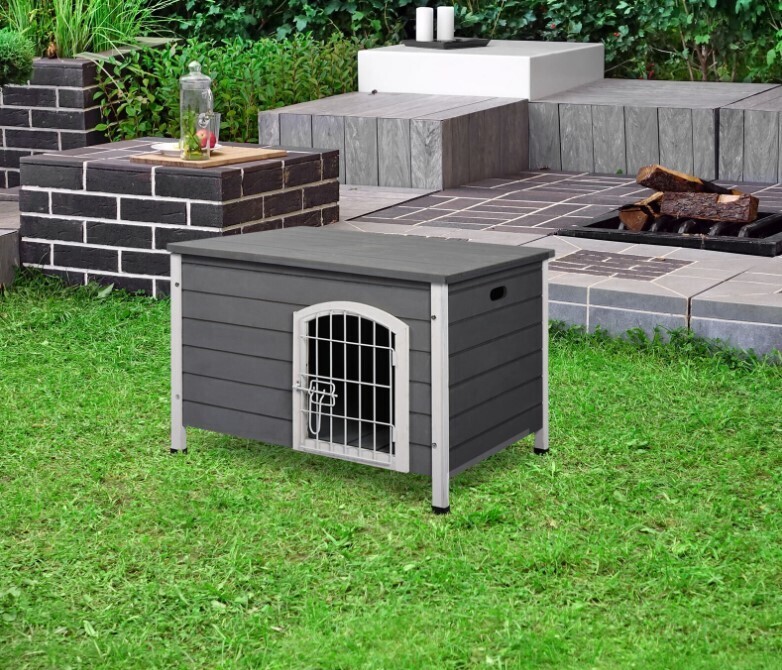 ​Wooden Dog Crate Kennel Lockable Door Small Animal House w/ Openable Top Gray