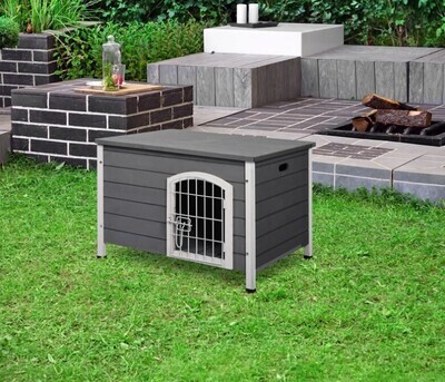 ​Wooden Dog Crate Kennel Lockable Door Small Animal House w/ Openable Top Gray