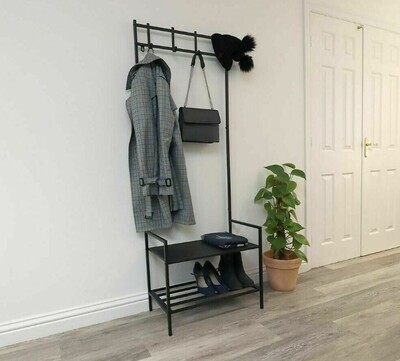 ​Free Standing Metal Coat Rack Hall Tree with 2-Tier with Bench and Shoe Storage