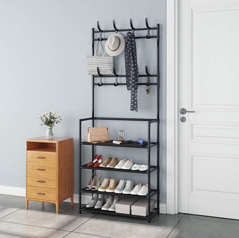 ​8 Hooks Clothes Coat and Hat Stand Metal Shoe Rack 4 Tiers Shelf Hanger Black UK