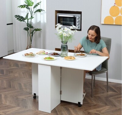 Mobile Drop Leaf Dining Table Folding Desk w/ 2 wheels Storage Shelves White